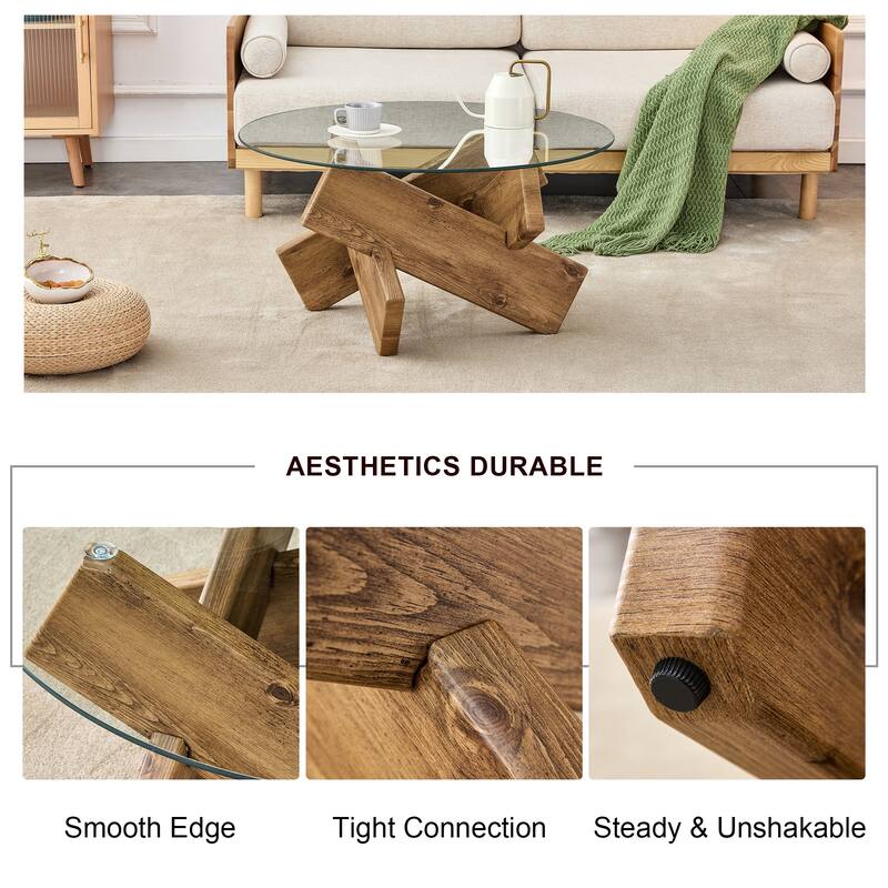 GDFStudio Marcellus Tempered Glass Coffee Table with Textured Legs