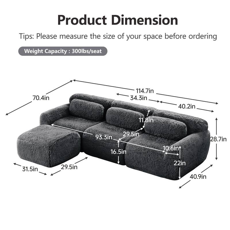 Anmytek Modern L-Shaped Boneless Sofa - Soft Fluffy Plush 32D High Density Sponge with Throw Pillows Movable Ottoman