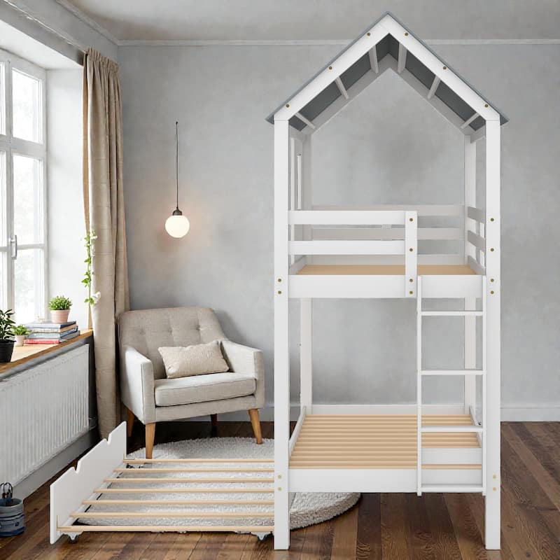 Twin House Bunk Bed with Trundle, Roof and Window Design, Solid Wood Triple Bed Frame for Kids Bedroom