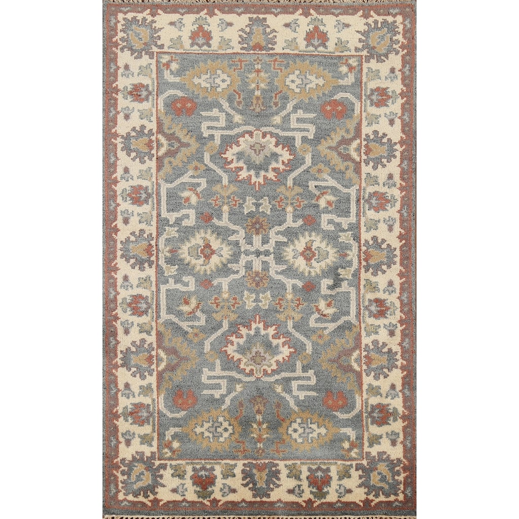 Gray Geometric Oushak Indian Accent Rug Hand-Knotted Wool Carpet - 3'1"x 5'4"