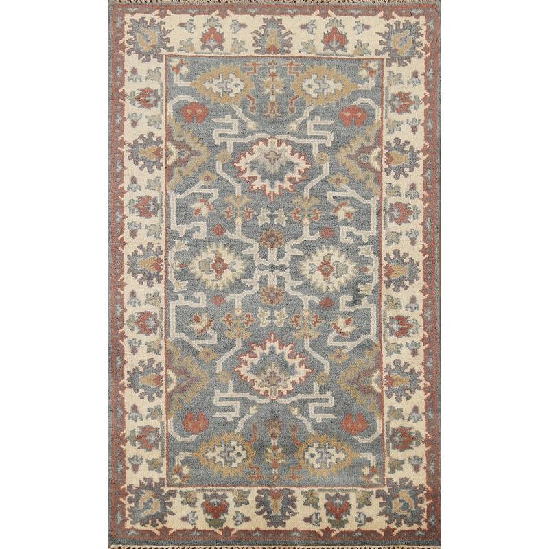 Gray Geometric Oushak Indian Accent Rug Hand-Knotted Wool Carpet - 3'1"x 5'4"