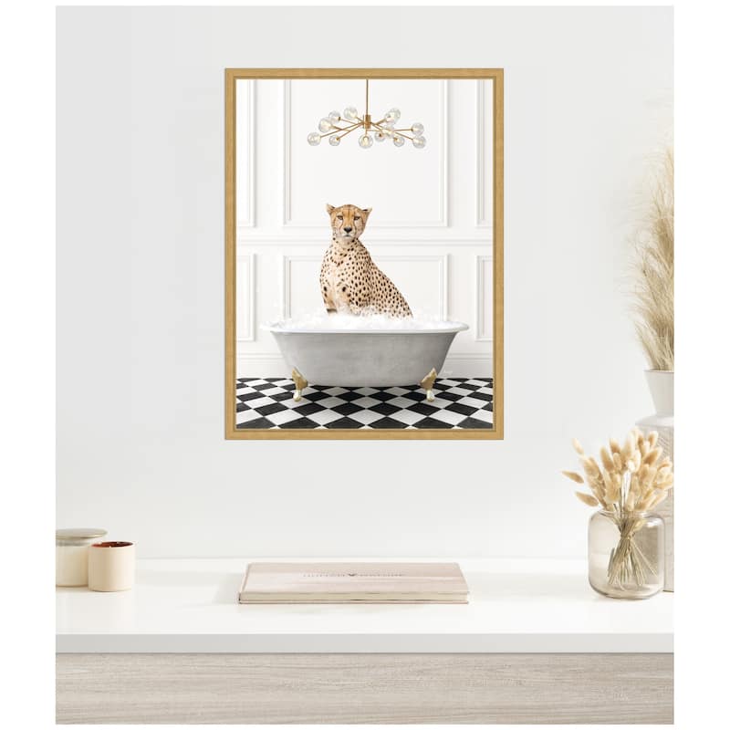 Kate and Laurel Sylvie Cheetah in Gray Bathtub on Checker Floor Framed Canvas by Amy Peterson