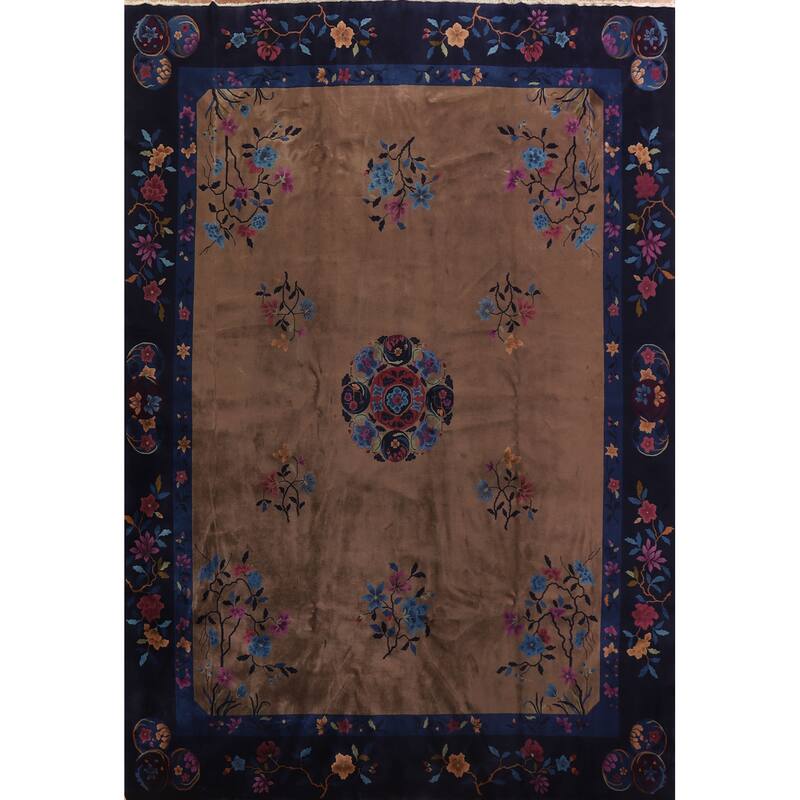 Vegetable Dye Art Deco Oriental Area Rug Hand-knotted Wool Carpet - 12'0" x 14'8"