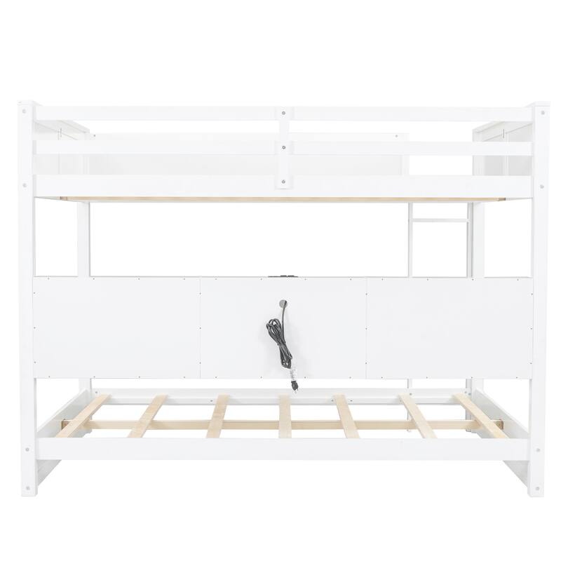 Queen Over Queen Bunk Bed with Storage Cabinets, USB Ports, and White Finish
