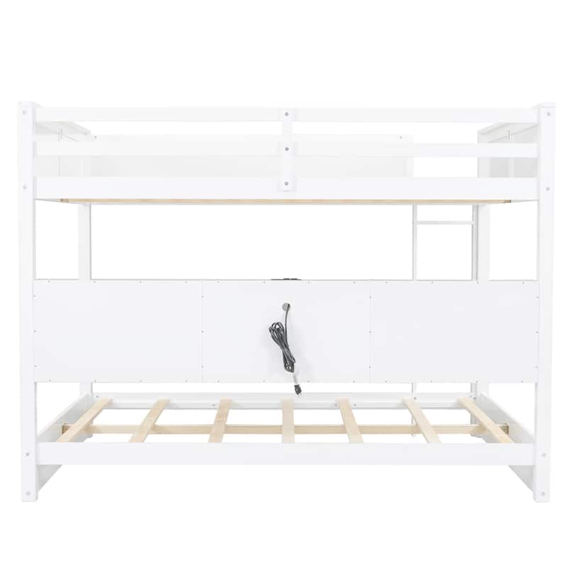 White Queen over Queen Solid Wood Bunk Bed with Storage and USB