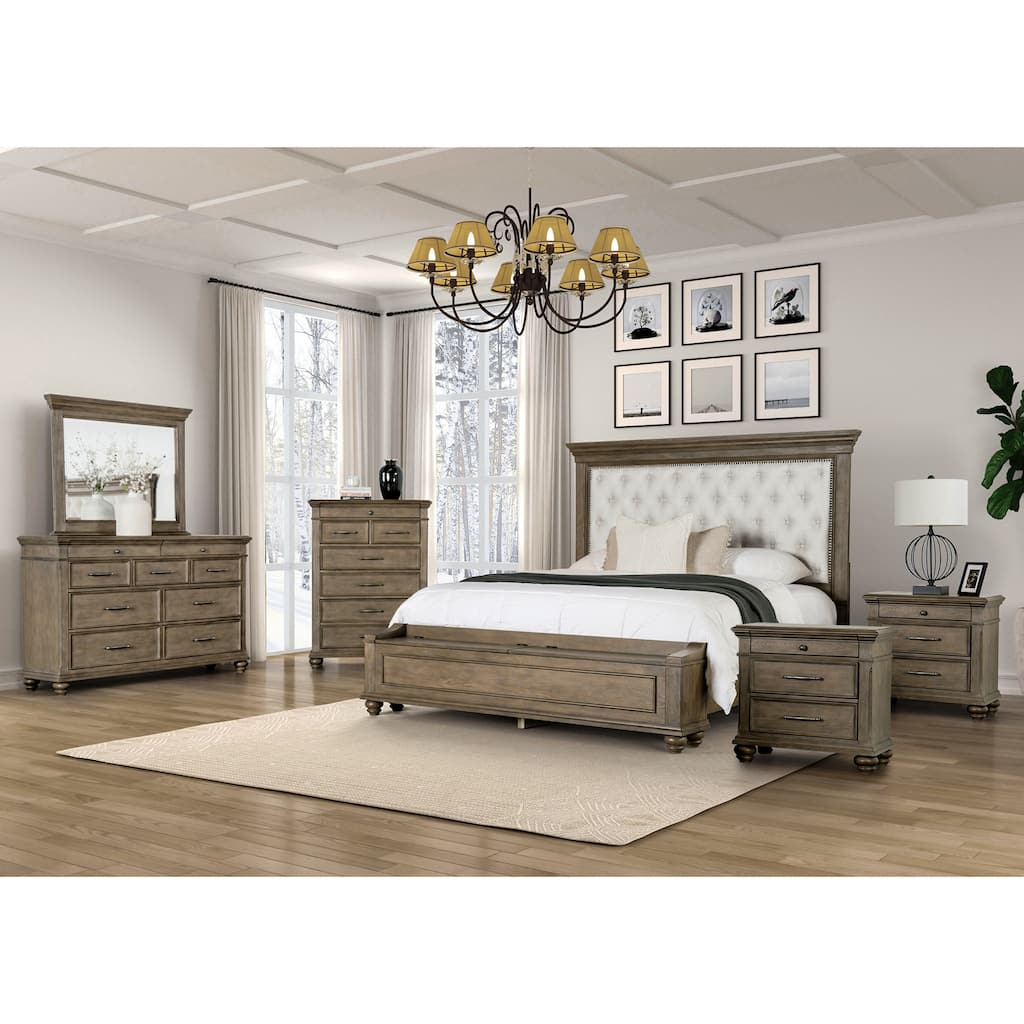 Furniture of America Rubb 6-Piece Aged Oak Wood Tufted Panel Bedroom Set with Storage Footboard Bench