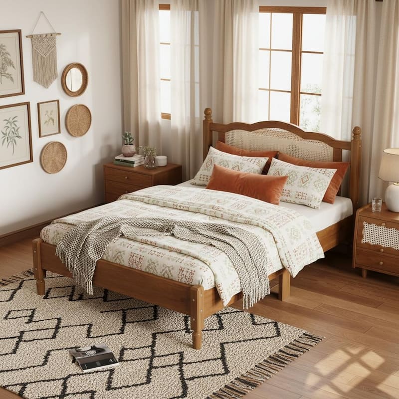 Vintage Rattan-Panel Platform Bed by Harper&Bright Designs - Walnut - Full