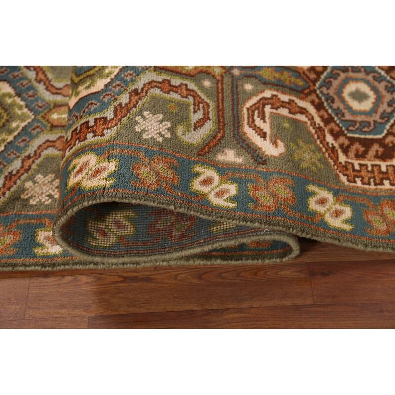Green Geometric Kazak Runner Rug Hand-Knotted Traditional Wool Carpet - 2'8"x 9'8"