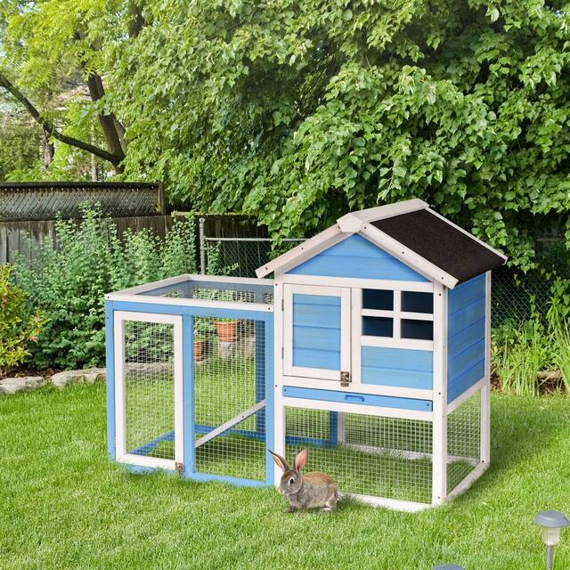 PawHut 48" Wooden Rabbit Hutch Bunny Cage with Waterproof Asphalt Roof, Fun Outdoor Run, Removable Tray and Ramp - Blue 