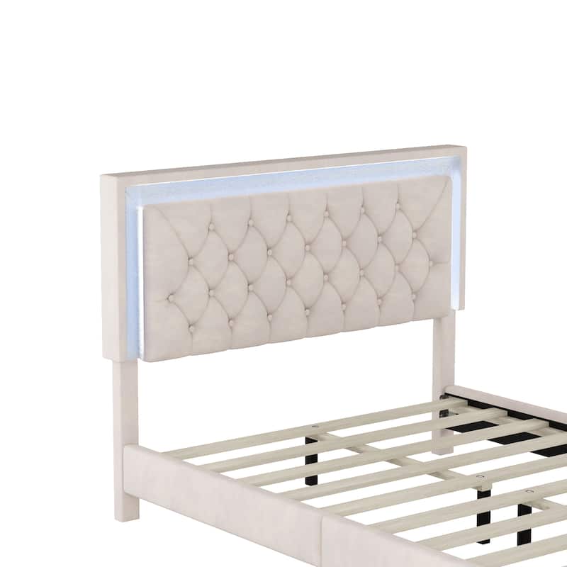Modern Velvet Platform Bed with Tufted Headboard