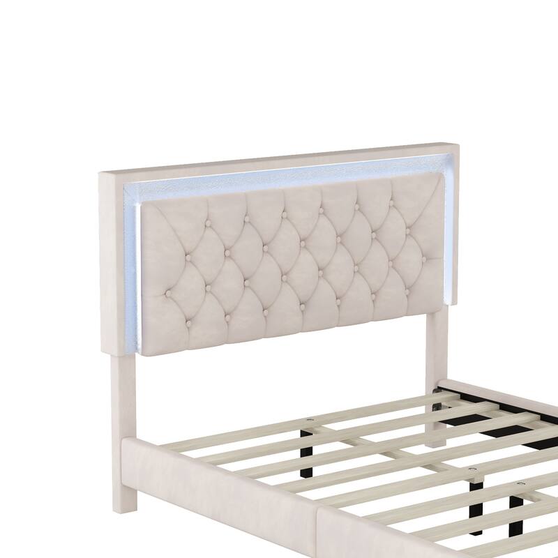 Queen OR Full Size Velvet Upholstered Bed Frame with LED Lights