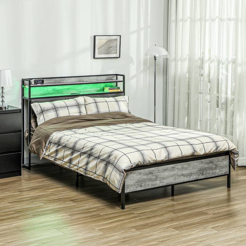 Full Size Bed Frame with LED Lights, Charging Station, and Storage Headboard