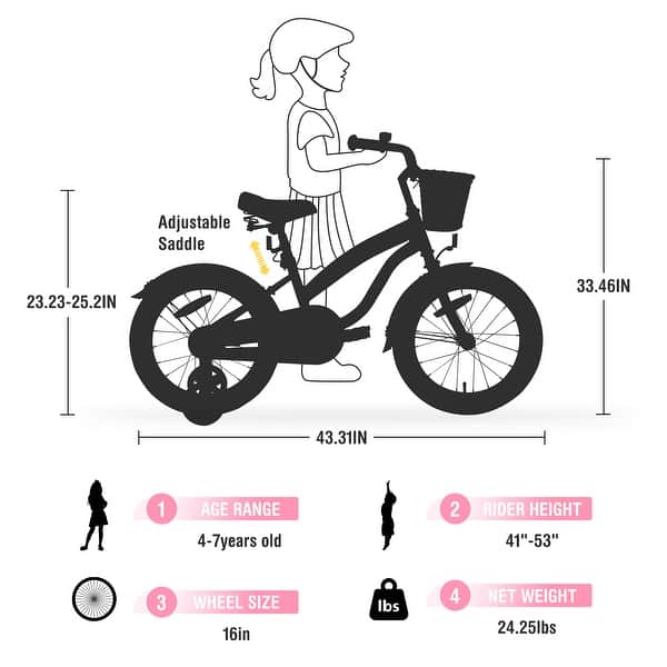 dimension image slide 0 of 5, Multiple Colors, Girls Bike for 4-7Years Old Kids, 16 inch wheel, Training Wheels Included