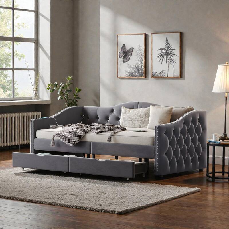 Twin Upholstered Daybed with Storage Drawers and USB Ports, Wood Daybed Frame, No Box Spring Needed
