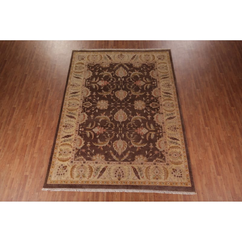 Brown Floral Chobi Peshawar Oriental Area Rug Hand-Knotted Wool Carpet - 8'11" X 11'11"