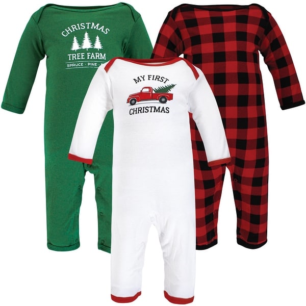 slide 1 of 1, Hudson Baby Unisex Baby Cotton Coveralls, Christmas Tree 3 - 6 Months - Green/White/Red