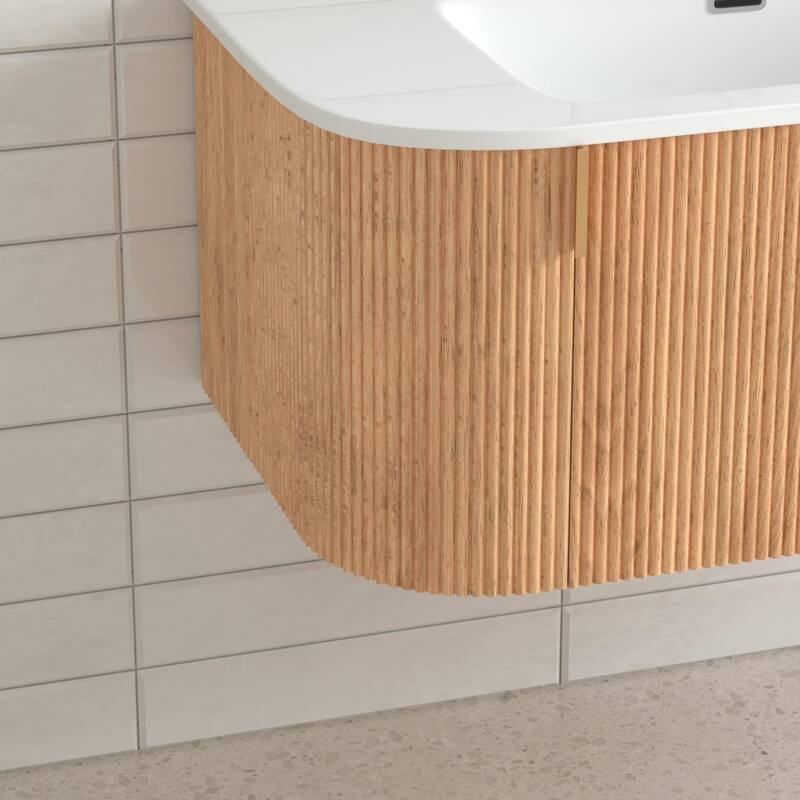 36" Bathroom Vanity with Basin,Wall-Mounted Floating Curved Edges Striped Bathroom Storage Cabinet with 2 Side Drawers