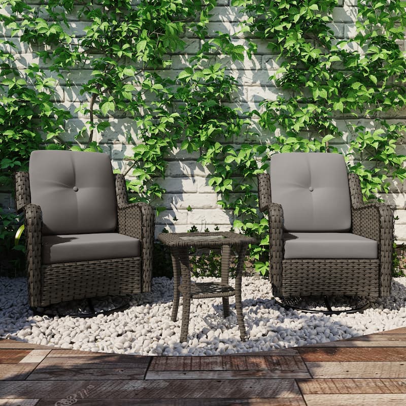 3 Piece Rattan Patio Bistro Set Outdoor Swivel Rocker Chairs - Light Gray Set