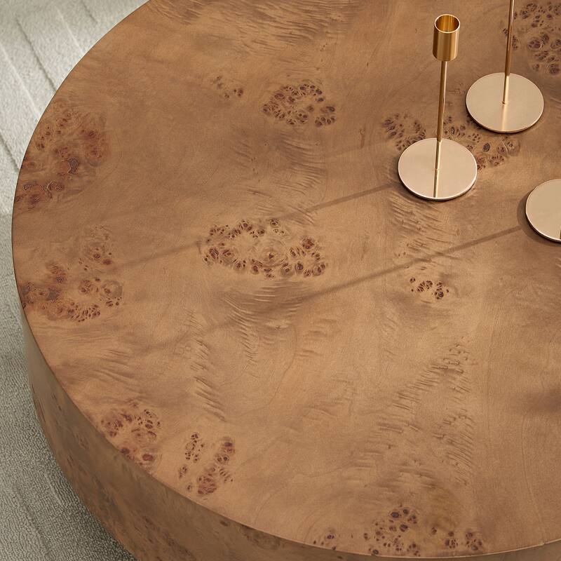 31.49" Round Coffee Table with Burl Wood Veneer, Sturdy Pedestal for Living Room, Modern Low Center Table Accent Cocktail Table