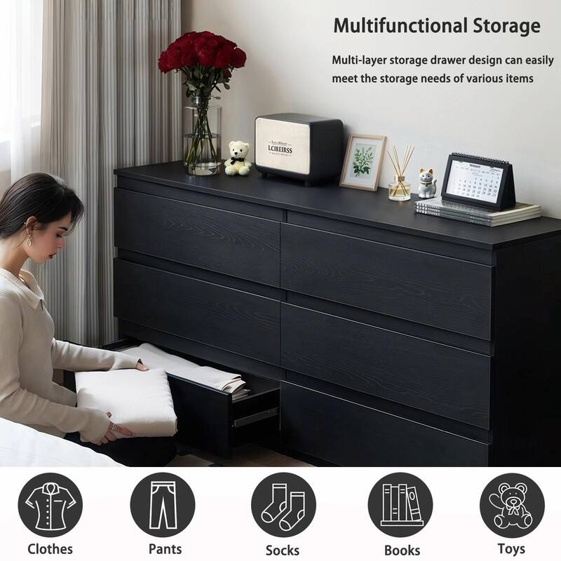 6 Drawer Black Dresser, Modern Bedroom Dresser with Spacious Countertop