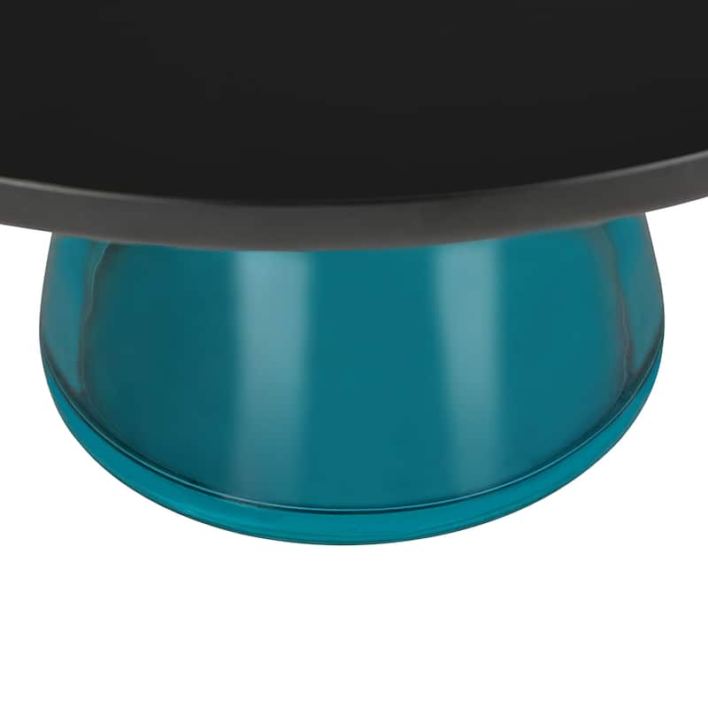 30-Inch Round Coffee Table Glass/Stone Tabletop with Black Iron Rim Frame Glass Pedestal Base