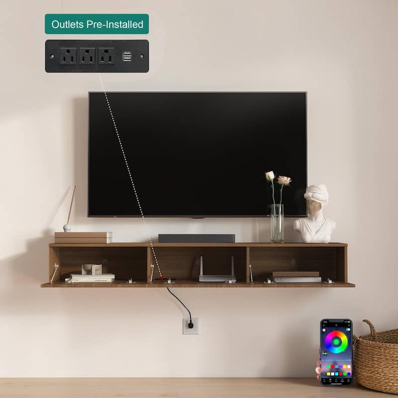 65" Floating TV Stand Wall Mounted with 16 Color LED Lights, Modern TV Cabinet for 55-65 Inch TVs