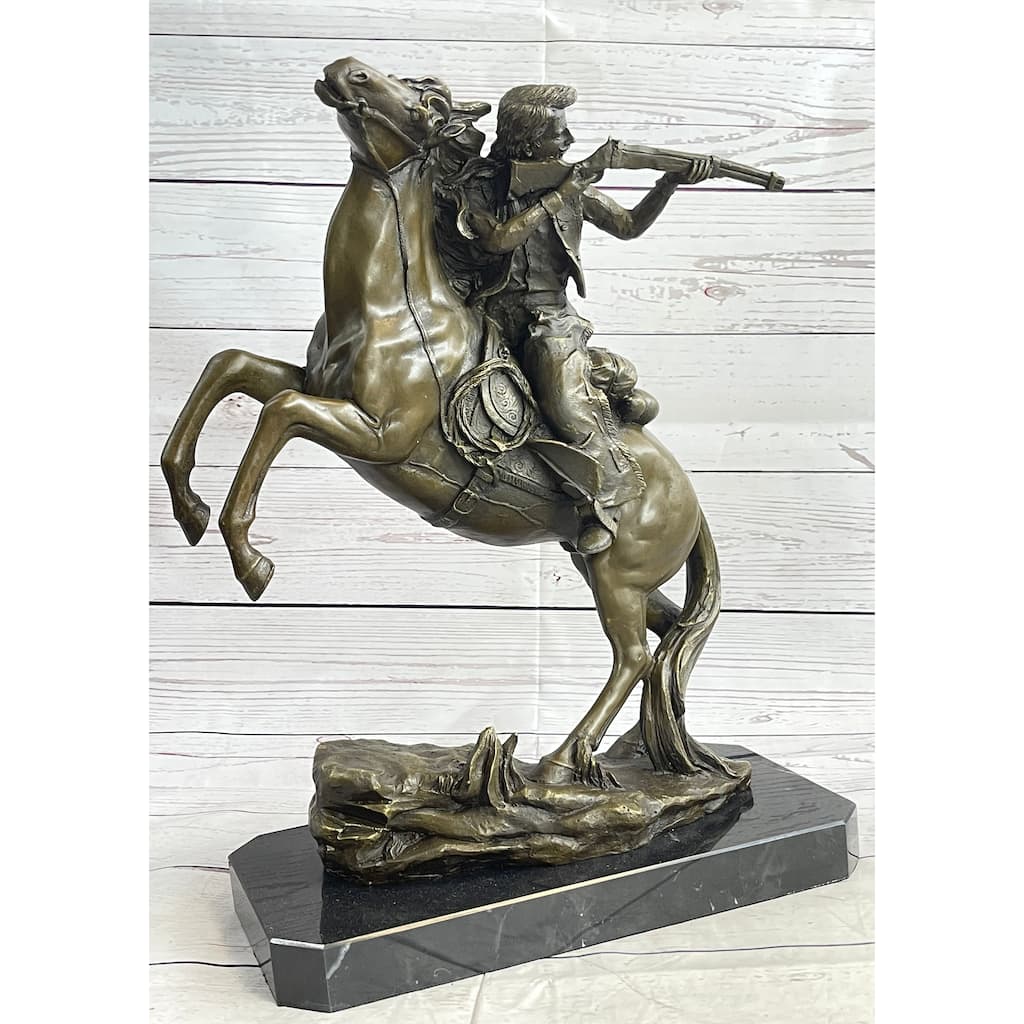 Western Cowboy Firing Rifle From Imitative Horseback Bronze Statue Sculpture Original Art 14 Inches X 12 Inches