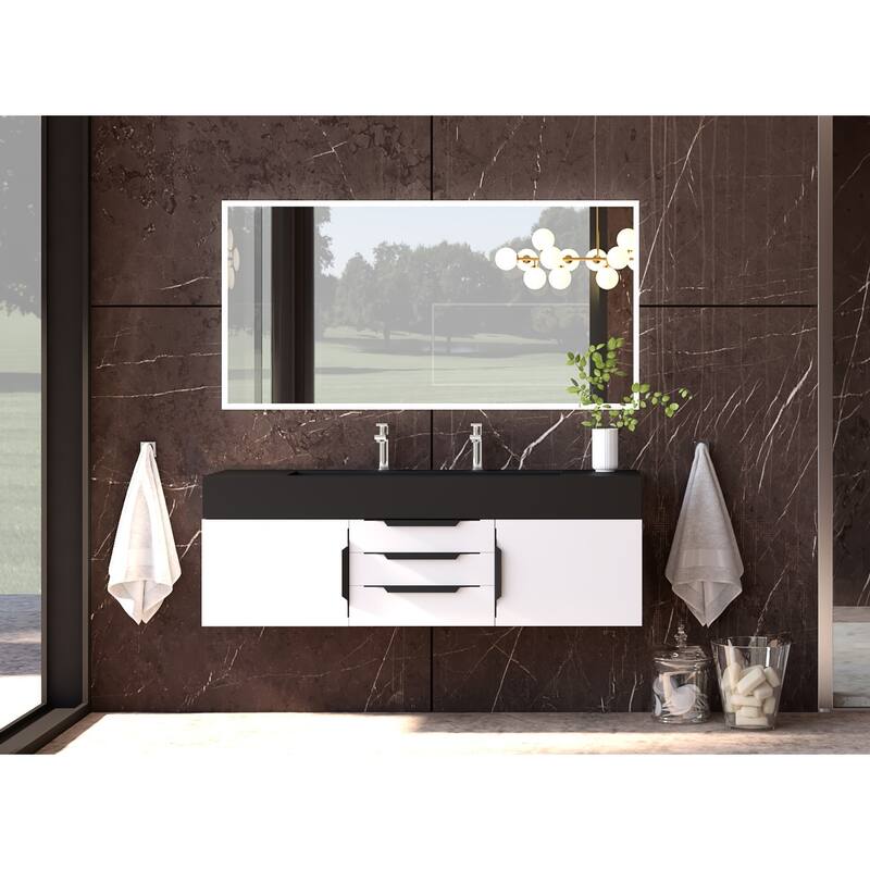 Nile 60" Wall Mounted Bathroom Vanity Set w/ Black Top