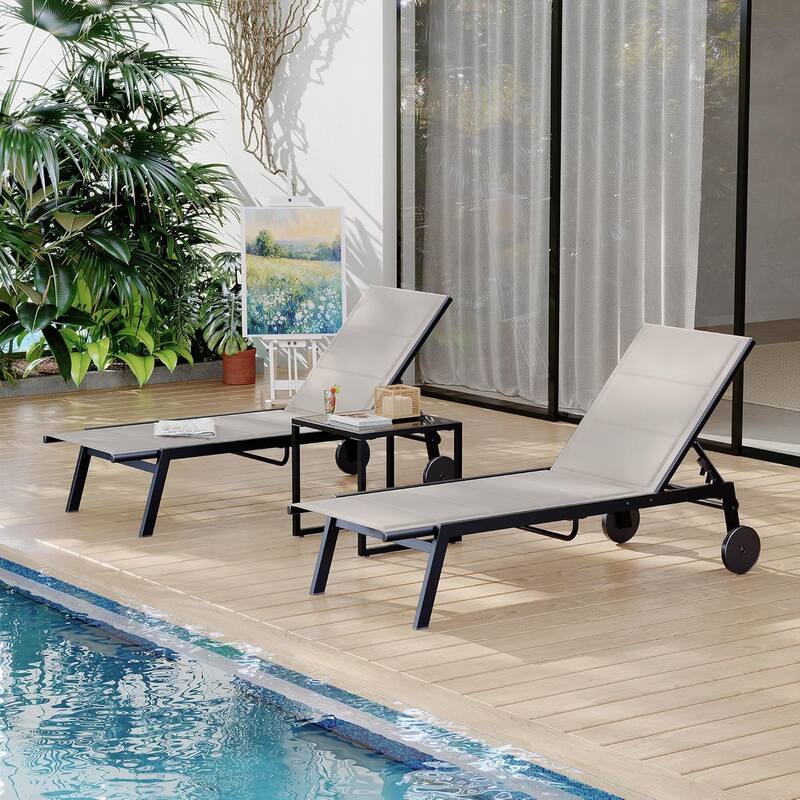 3-Piece Patio Lounge Chairs with Wheels,Patio Chaise Lounge Chairs With Side Table