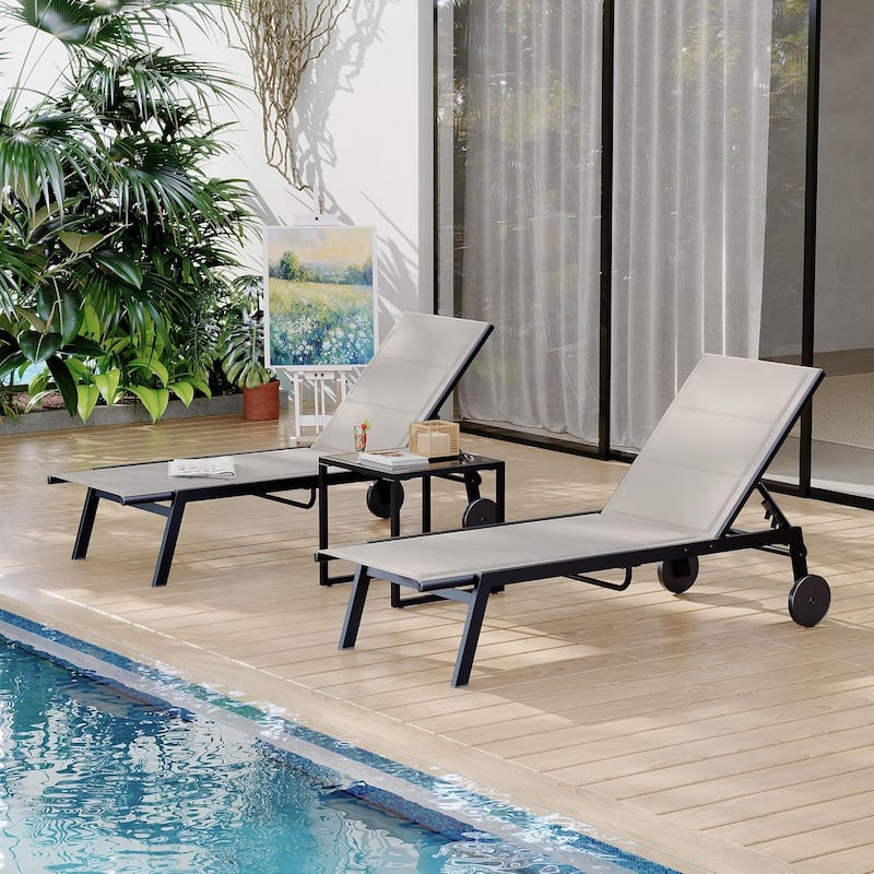 Adjustable Backrest Poolside Loungers Set of 3, Outdoor Lounge Chairs With Wheels