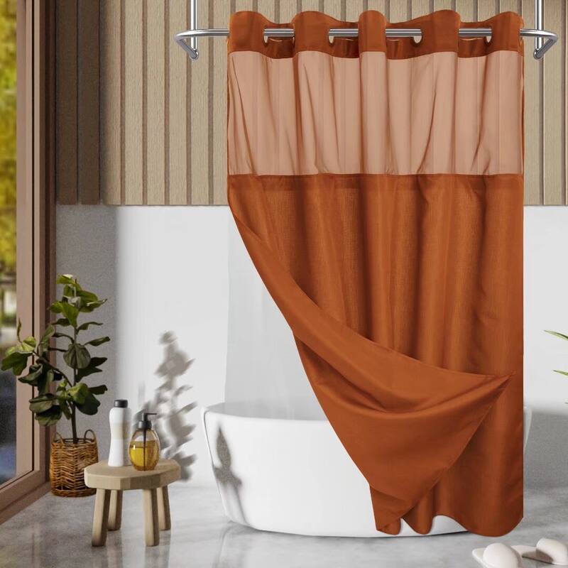 No Hook Slub Linen Texture Shower Curtain with PEVA Snap-in Liner