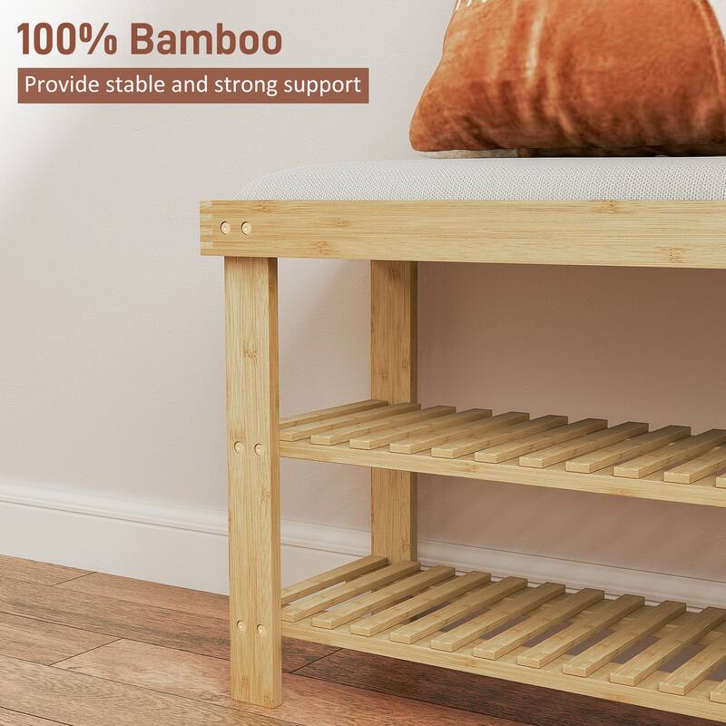 HOMCOM Bamboo Shoe Bench, 3-Tier Entryway Bench with Storage and Cushion, Shoe Organizer for Entryway, Hallway