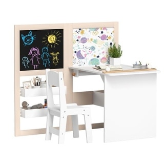 Kids Table and Chair Set, 3-in-1 Art Desk with Blackboard, Whiteboard, Storage, and Roll Paper