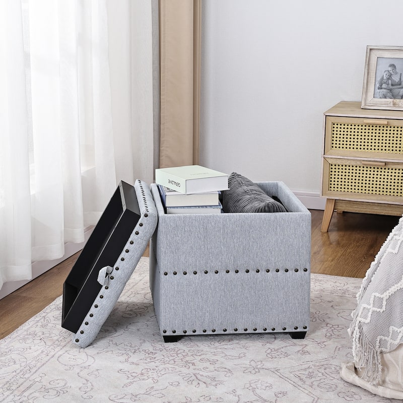 Adeco Fabric Square Storage Ottoman with Tray