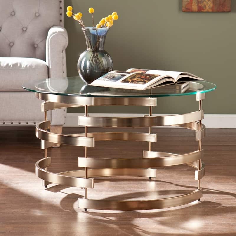 32" Round Clear Glass Coffee Table with Champagne Iron Base Contemporary Living Room Table - 32”L x 32”W x 18.5”H