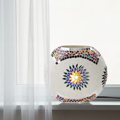 Amelia River of Goods White and Multicolor Mosaic Glass Oval Shaped Shade 9.5-Inch Accent Lamp - 9.75" x 5.75" x 9.5"