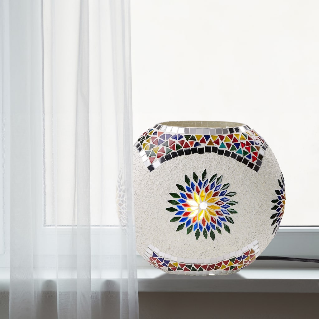 Amelia River of Goods White and Multicolor Mosaic Glass Oval Shaped Shade 9.5-Inch Accent Lamp - 9.75" x 5.75" x 9.5"