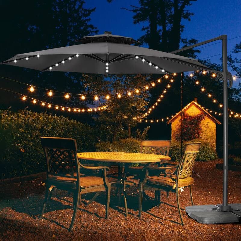 Ainfox 10 FT Aluminum Offset Outdoor Cantilever Umbrella with 360-degree Rotation - Grey-With Lights