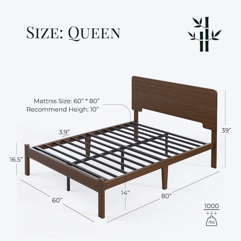Walnut-colored solid wood and bamboo bed frame with headboard, easy to assemble, no box springs required