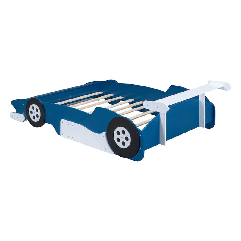 Full Size Race Car-Shaped Platform Bed with Wheels, Blue