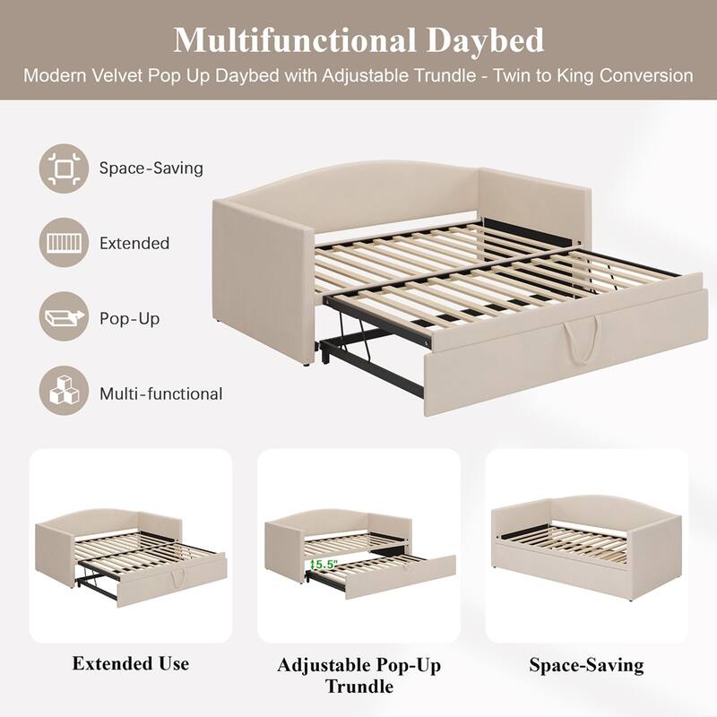Upholstered Twin Size Daybed with Extended Pop Up Trundle