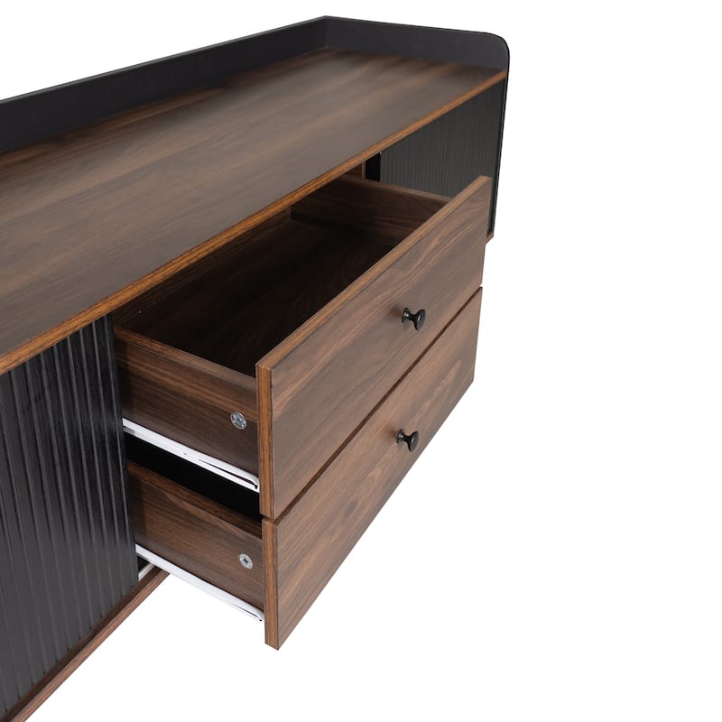 63" Mid Century TV Stand with Push Pull Cabinets and Cable Holes