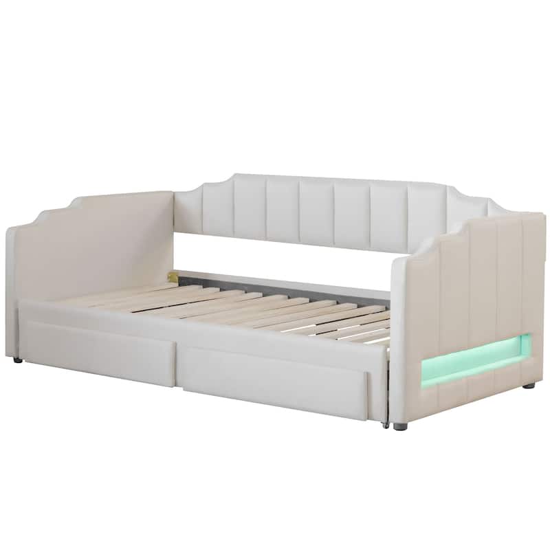 Extendable Twin XL to King Upholstered Daybed with Storage Drawers and LED Light, Beige