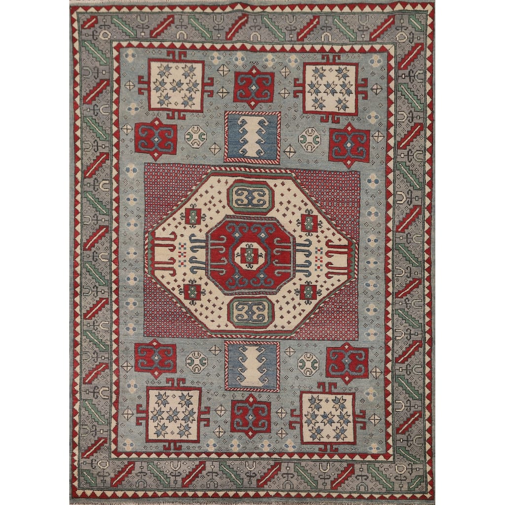 Geometric Kazak Oriental Rug Hand-Knotted Wool Carpet - 5'0" x 6'9"