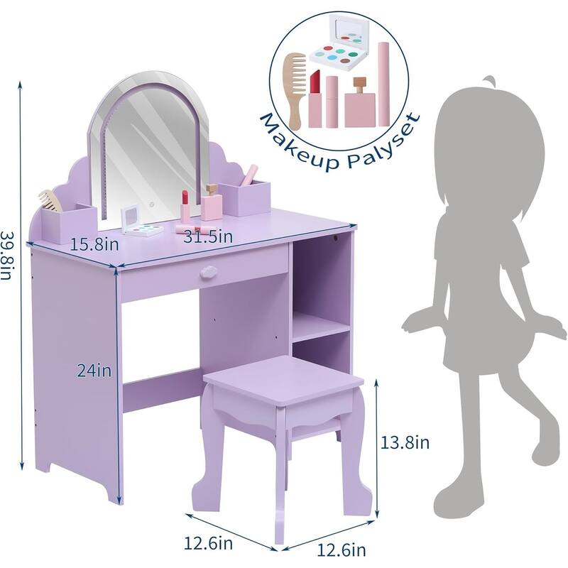 2 in 1 Kids Vanity Table & Stool with Lighted Mirror and Makeup Palyset