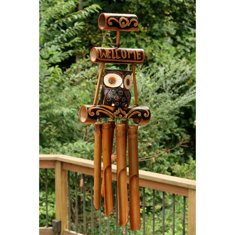Handmade Wooden Owl Welcome Sign Bamboo Wind Chime Wood Statue Figurine Hoot Sculpture Patio Garden Outdoor Decor Handcraft