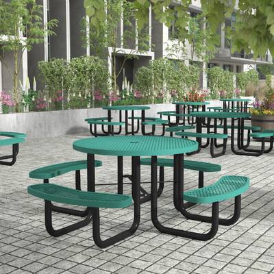 Commercial Grade Expanded Mesh Metal Outdoor Picnic Table with Anchors - 82.5"D x 82.5"W x 29"H
