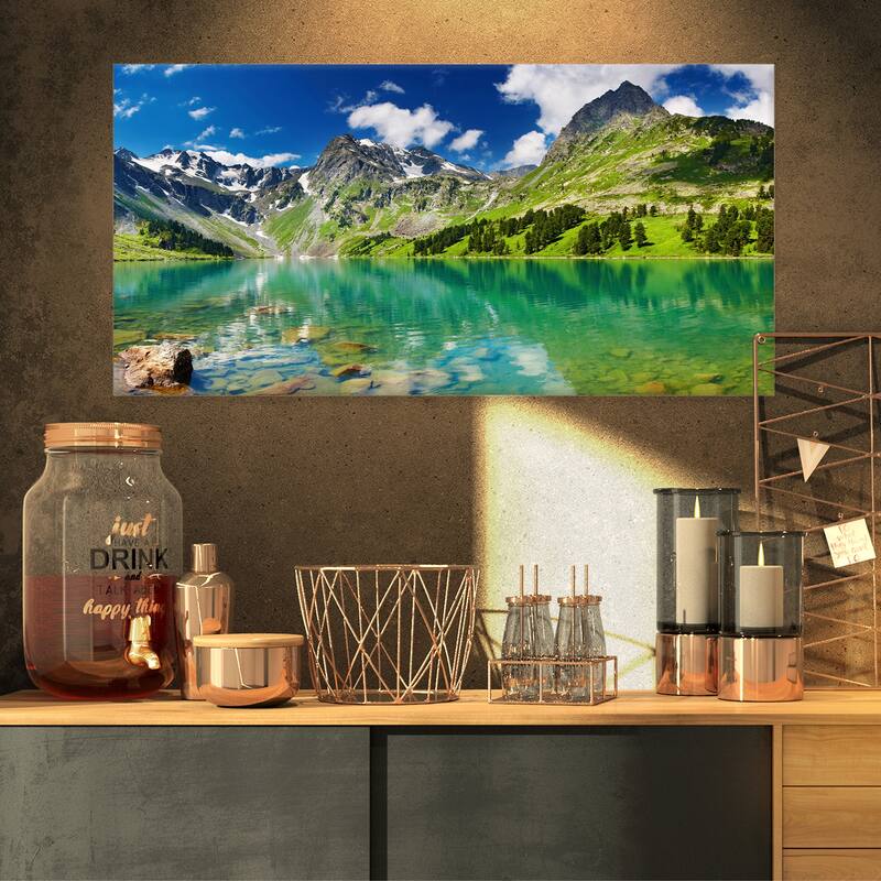 Designart - Bright Day Mountain Lake Photography Canvas Art Print - 32 in. wide x 16 in. high