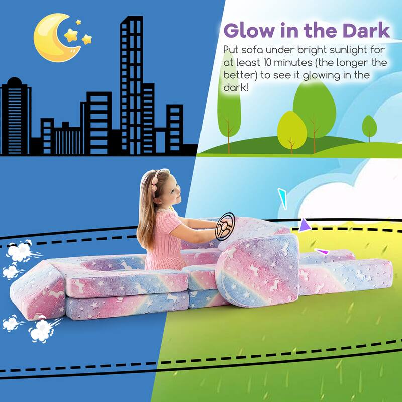 Gymax 10 Pcs Modular Kids Play Couch Sectional Sofa Glow in the Dark
