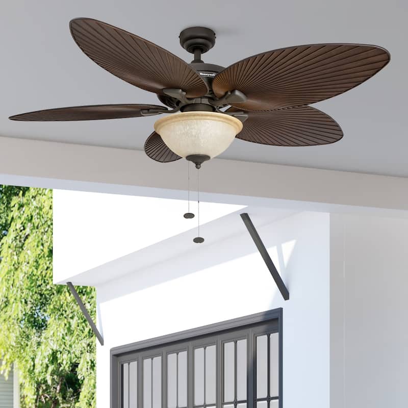 52" Honeywell Palm Island Bronze Indoor/Outdoor Ceiling Fan with Light, Pull Chain, 5 Palm Leaf Blades - Bronze - Hardwired